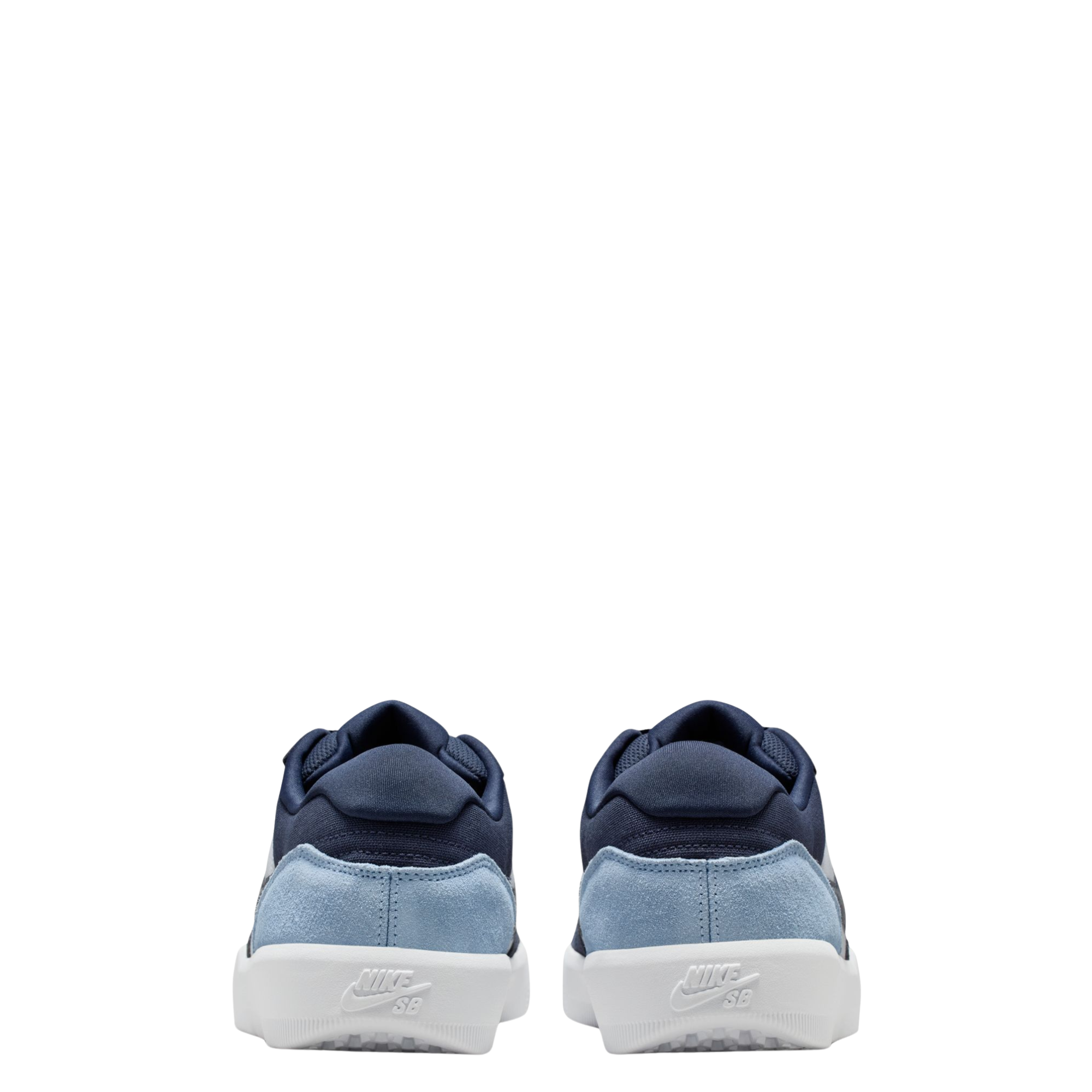 Navy and light blue NIKE SB FORCE 58 men's and women's sneaker with a white sole on a white background