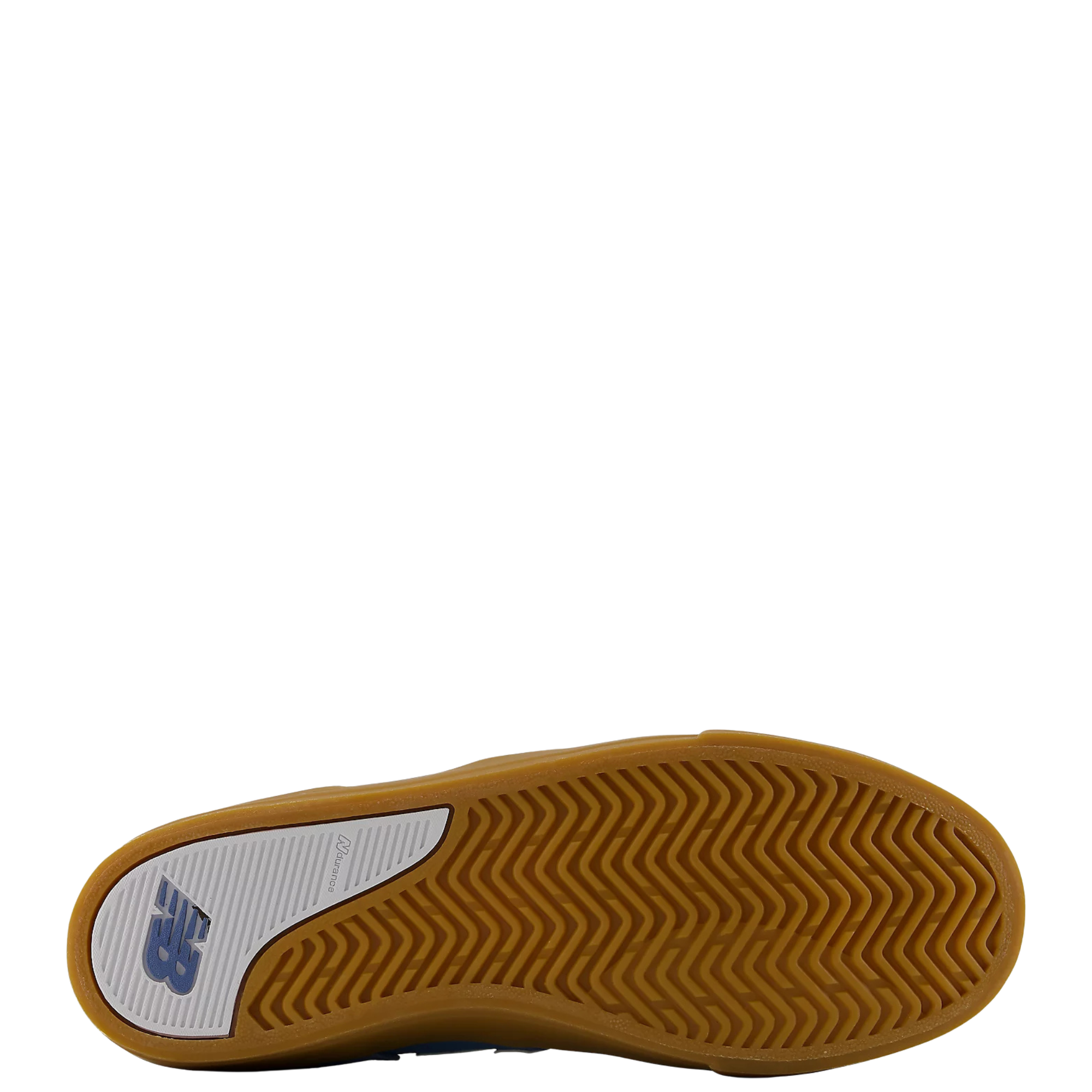 bottom of a blue men's new balance numeric jamie foy 306 skate shoe with grey details and gum sole on a white background