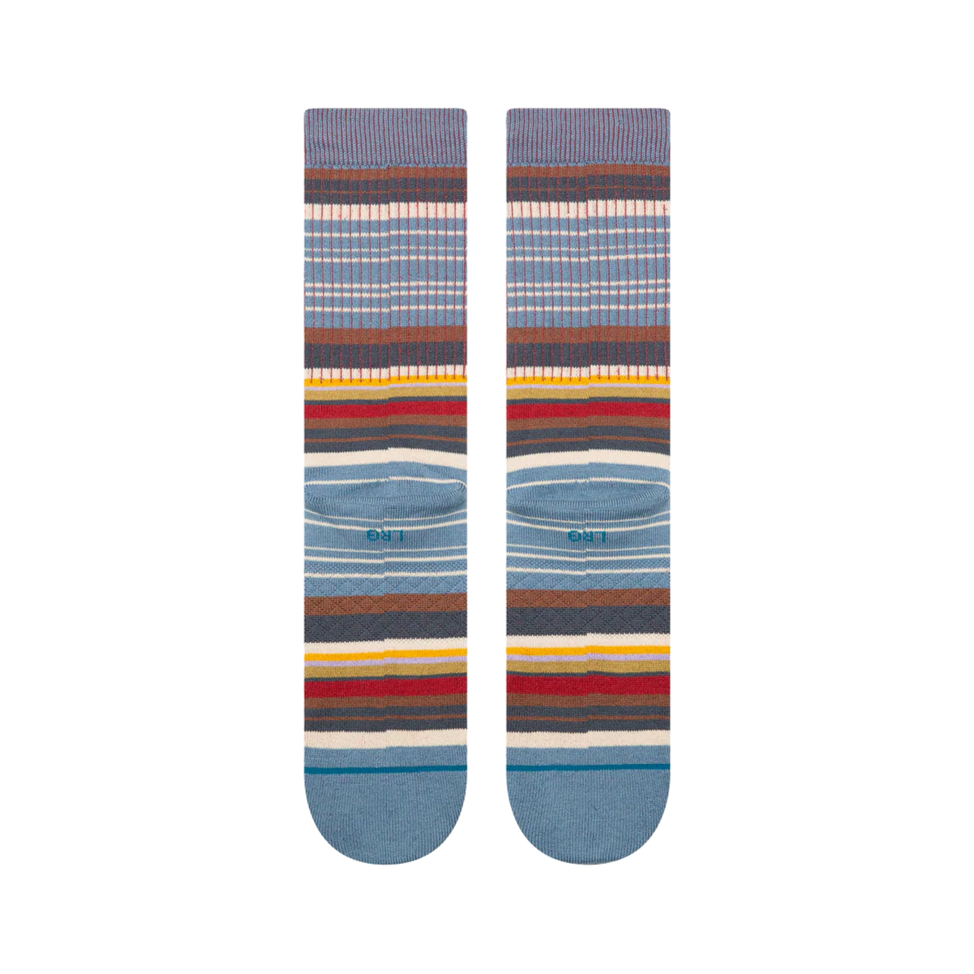 A pair of stance jorongo pop crew socks with a multicolor striped pattern featuring shades of blue, brown, red, yellow, and white, displayed against a plain white background.
