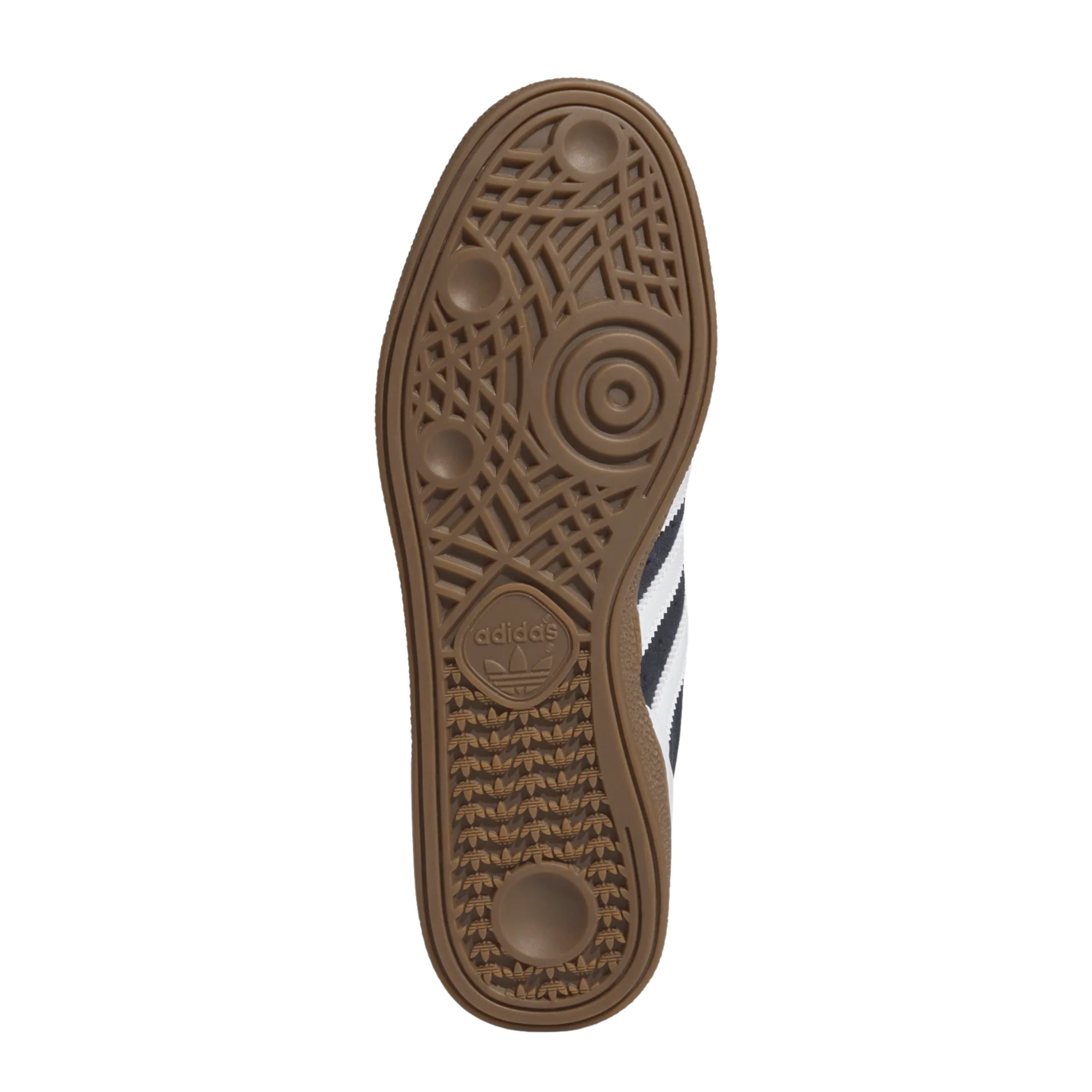 dark grey adidas busenitz skateboarding shoe with white strips and tongue and  gum sole on a white background