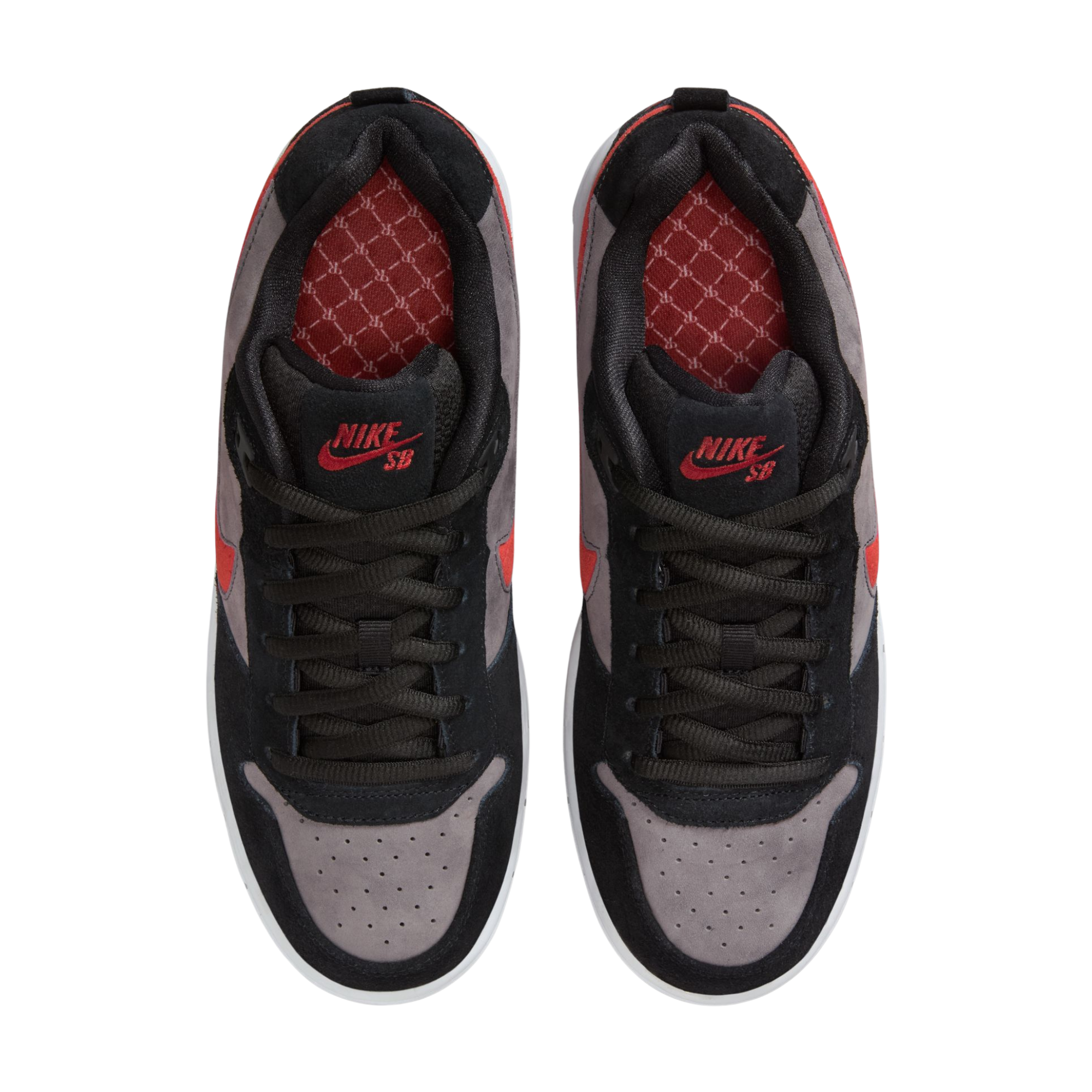 black and grey nike sb paul rodriguez with a red swoosh and white sole