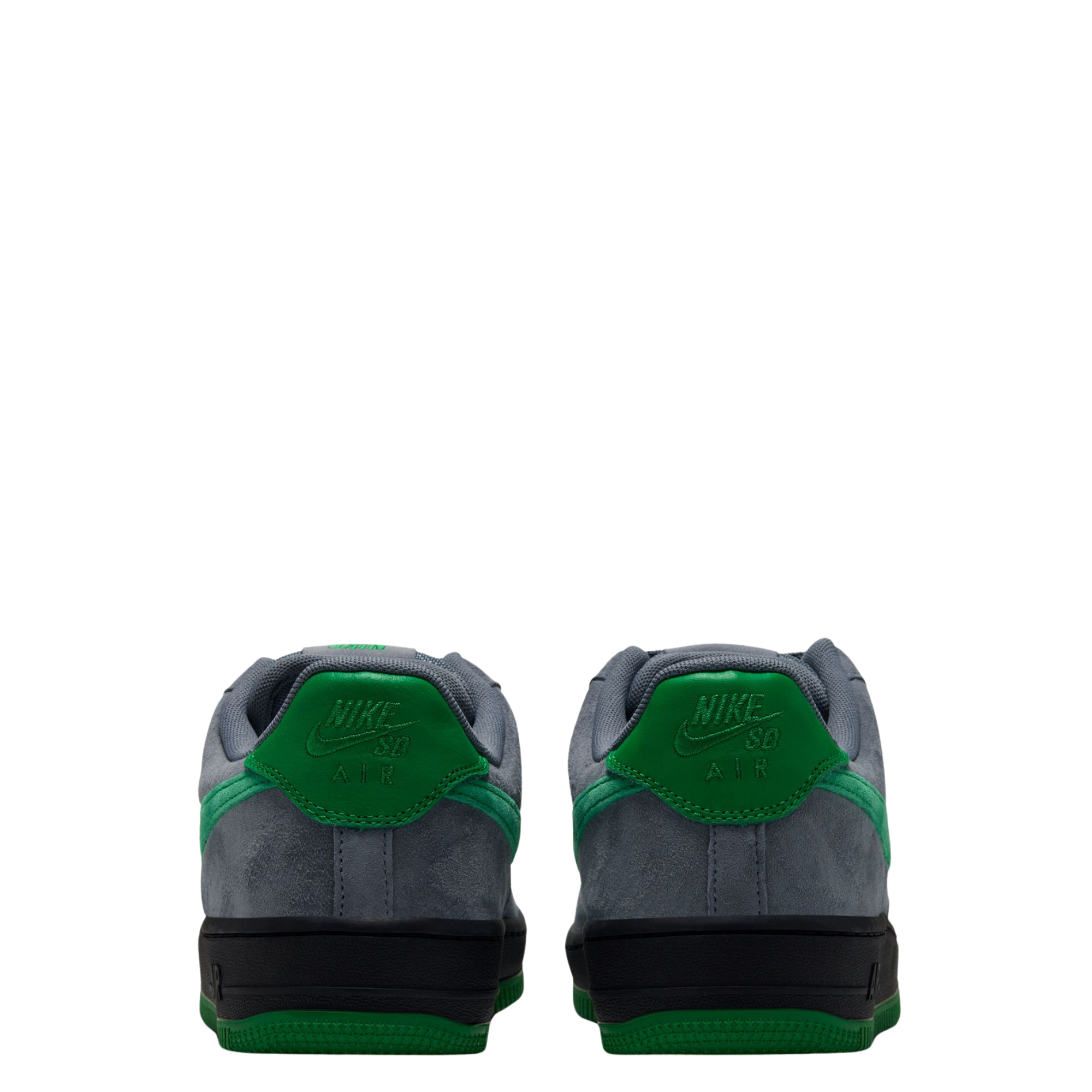 grey nike sb x nocturnal air force 1 with green swoosh and black and green sole on a white background