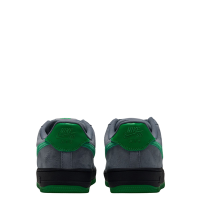 grey nike sb x nocturnal air force 1 with green swoosh and black and green sole on a white background