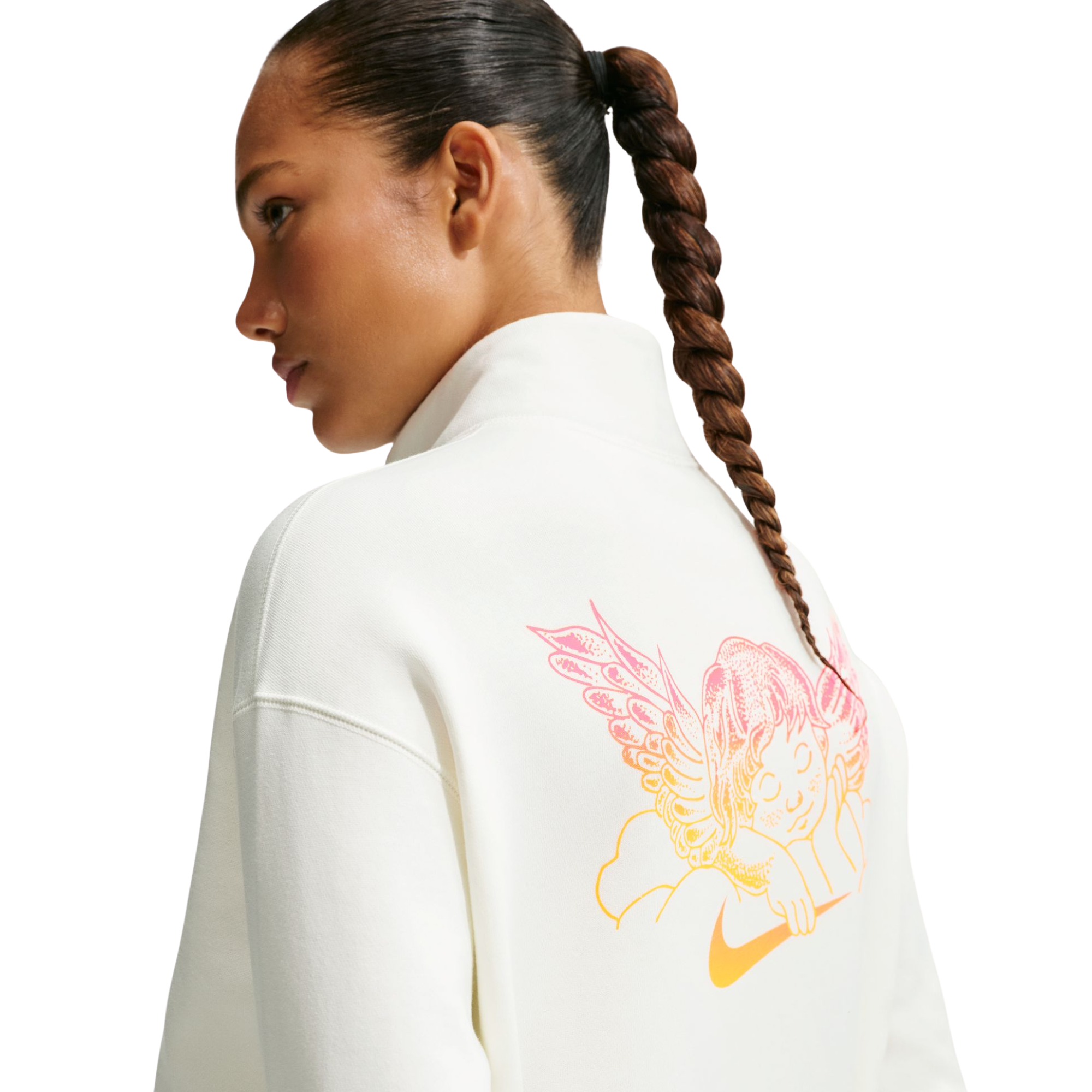 person wearing white half-zip NIKE SB FC PACKsweatshirts with logos and text on a white background