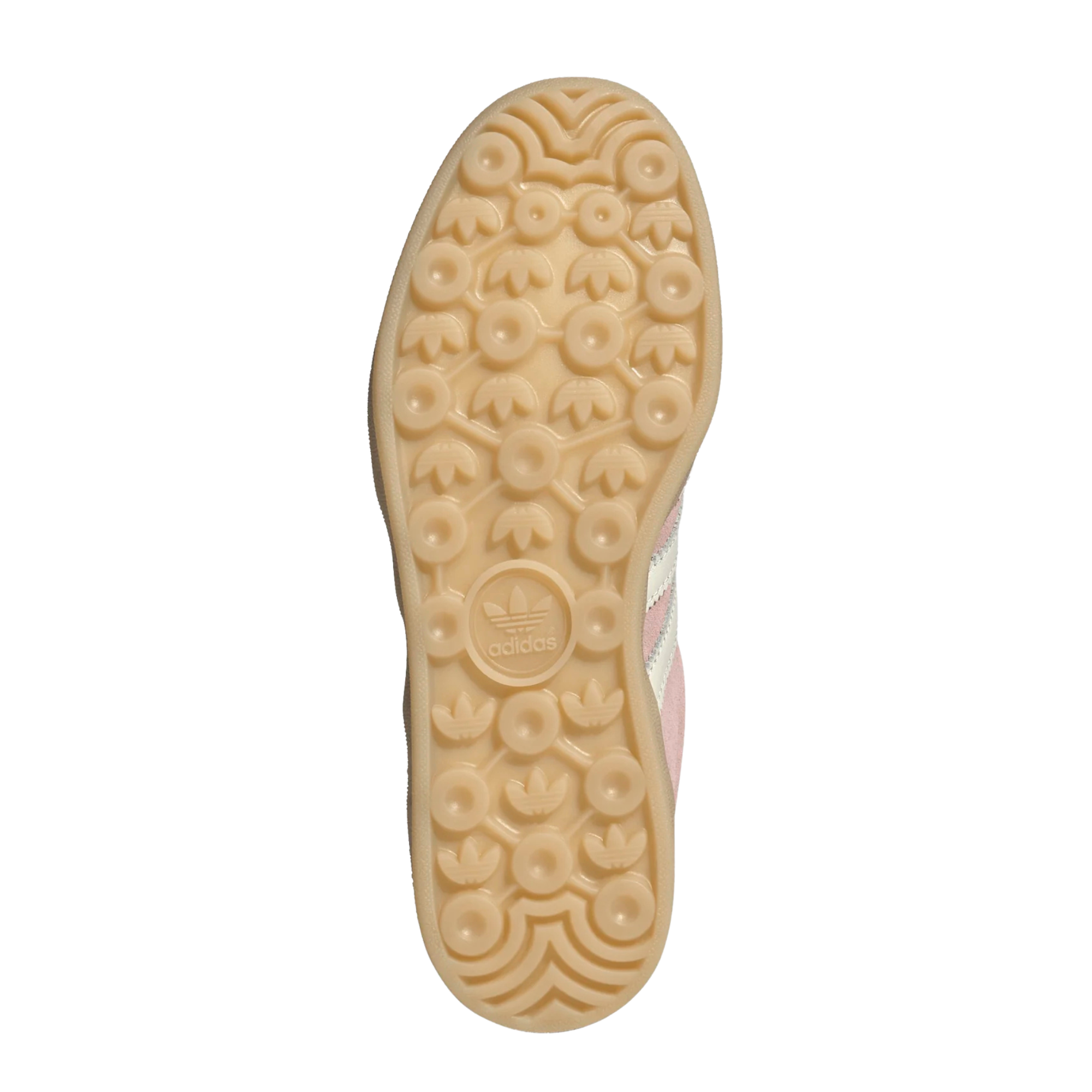 pink adidas women's gazelle indoor shoe with knit tongue and white stripes on a white background