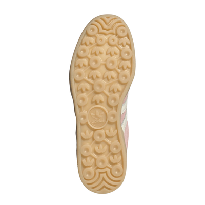 pink adidas women's gazelle indoor shoe with knit tongue and white stripes on a white background