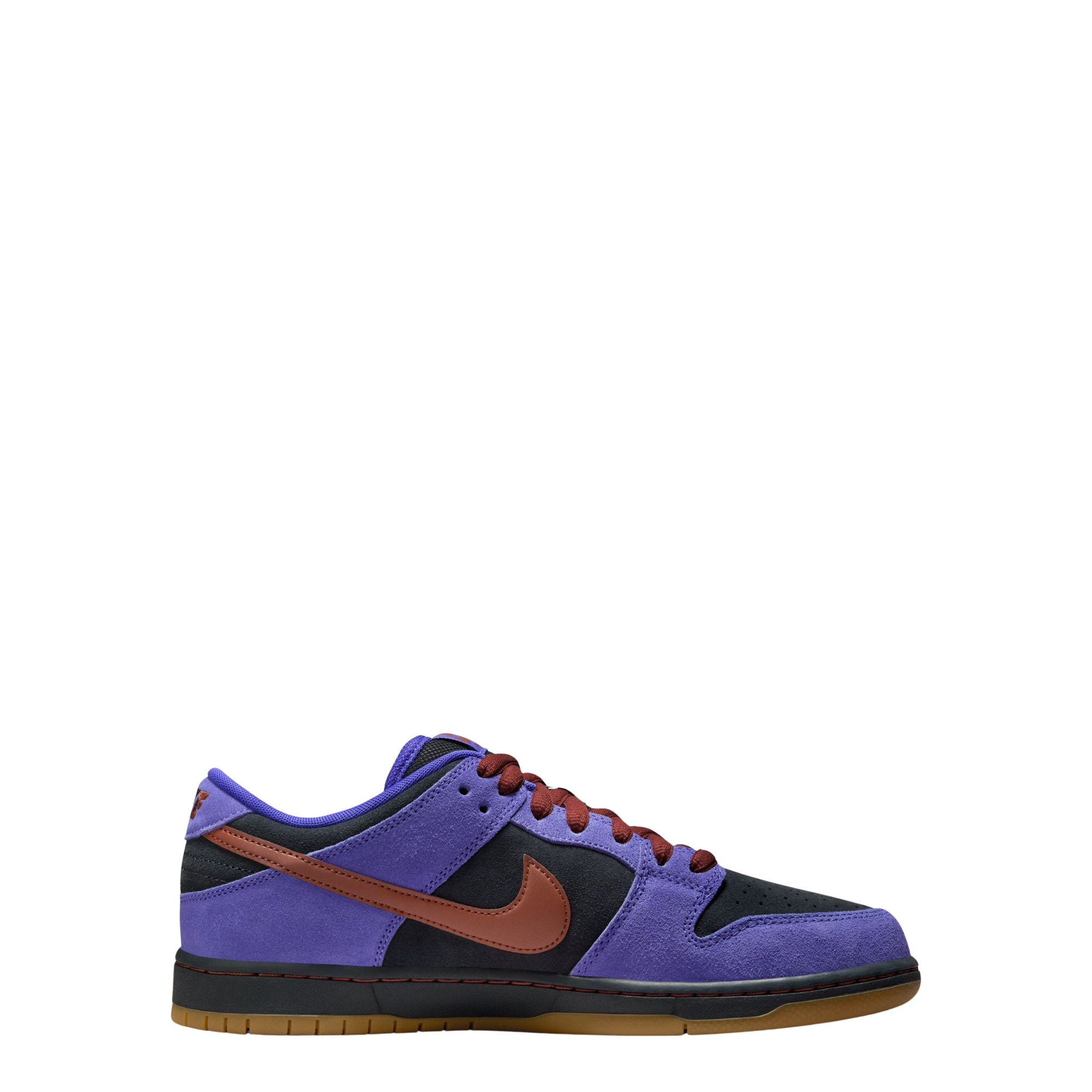 Purple nike sb dunk low sneaker with dark red and black accents on a white background
