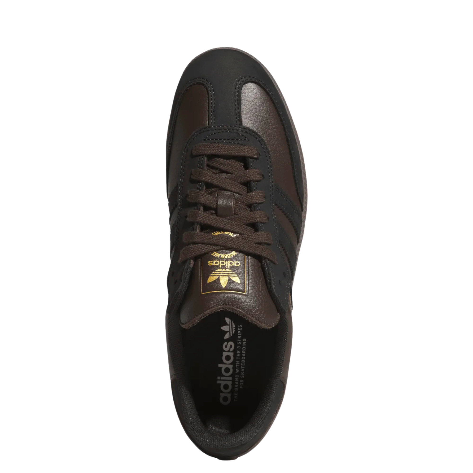 brown leather and suede men's adidas skateboarding adv sneaker with gum sole on a white background