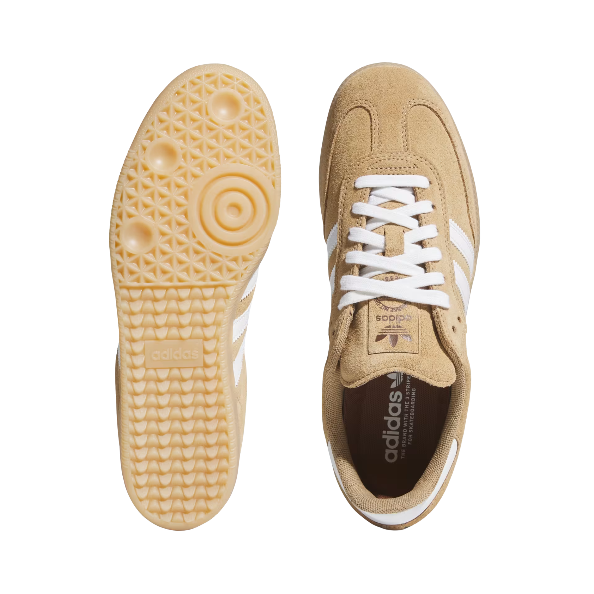 brown adidas samba adv skateboarding shoe with gum sole on a white background