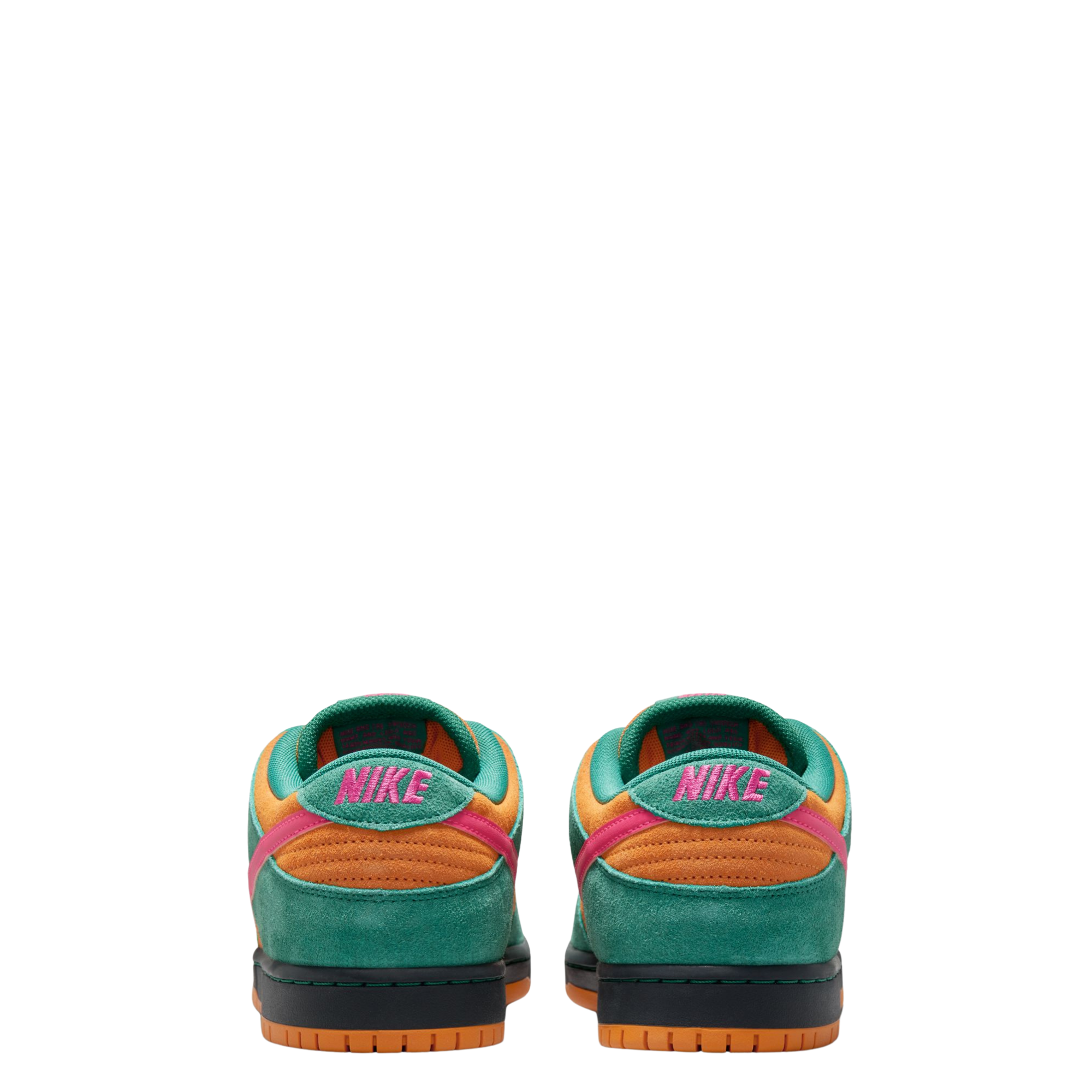 A low-top Nike sb dunk low watermelon sneaker in a vibrant multicolor palette, featuring teal green suede, orange suede overlays, a bright pink Swoosh and laces, and a black and orange sole, shown against a plain white background.