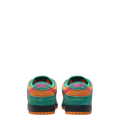 A low-top Nike sb dunk low watermelon sneaker in a vibrant multicolor palette, featuring teal green suede, orange suede overlays, a bright pink Swoosh and laces, and a black and orange sole, shown against a plain white background.