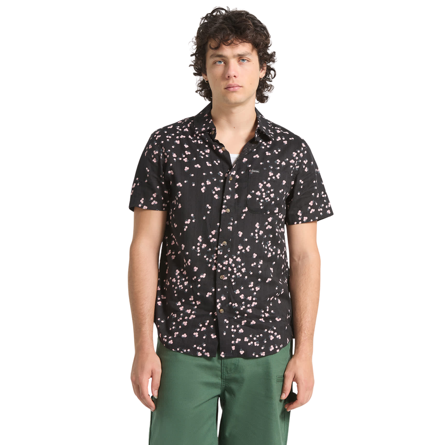 black brixton charter slub short sleeve woven men's shirt with pink flowers