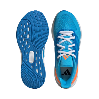 Blue adidas ultrarun 5 kids running shoe with orange accent on a white background