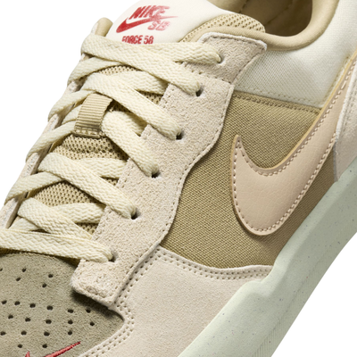 Beige nike sb force 58 sneaker with a brown accent on a white background