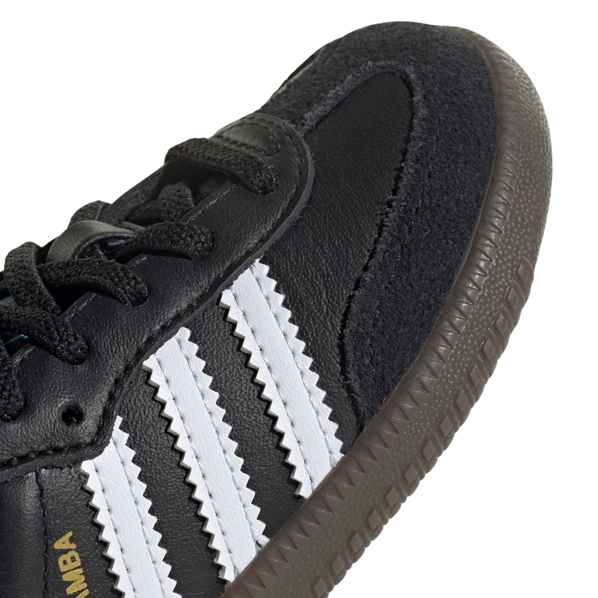 close up of A single Adidas Samba kids sneaker in black leather with signature white side stripes, a gold 'SAMBA' text on the side, and a dark brown gum sole, shown against a plain white background.
