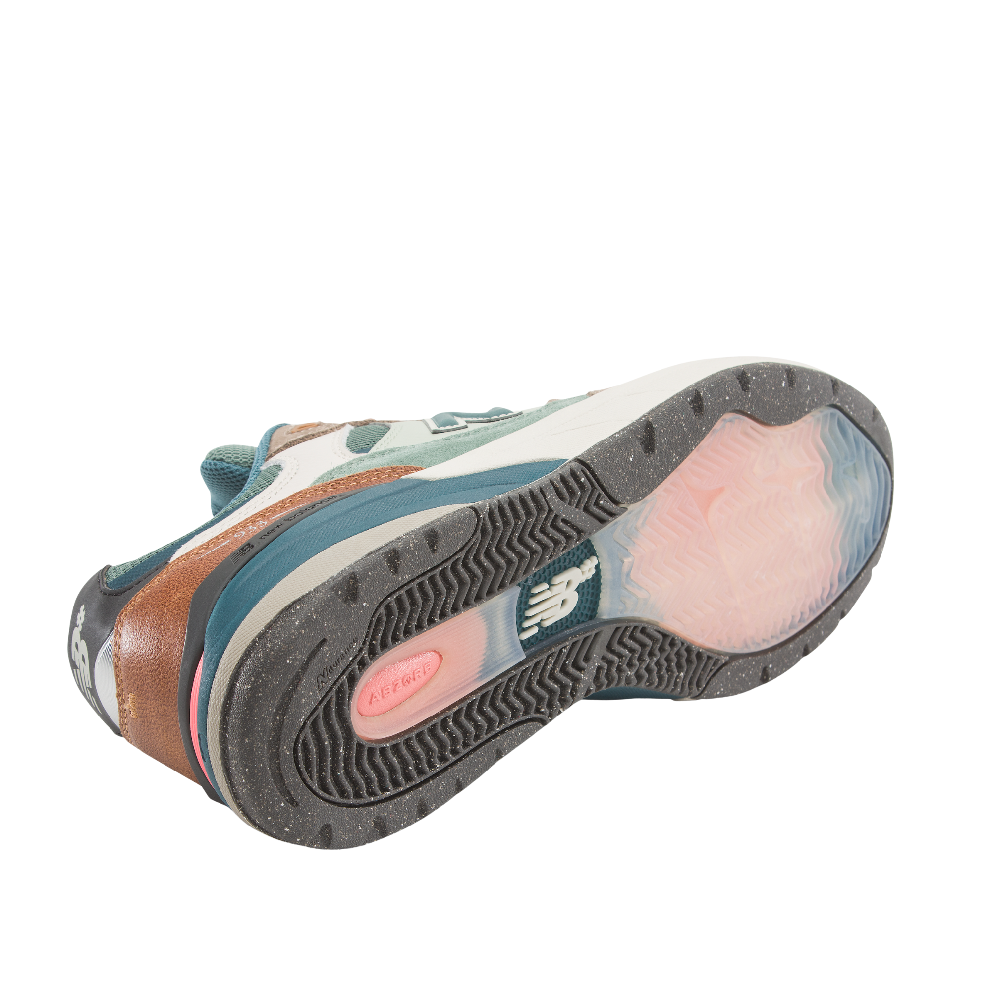 Multicolor brown and green new balance numeric 933 sneaker with 'N' logo on a white background