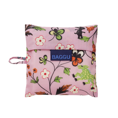 pink standard baggu reusable tote bag with floral design on a white background