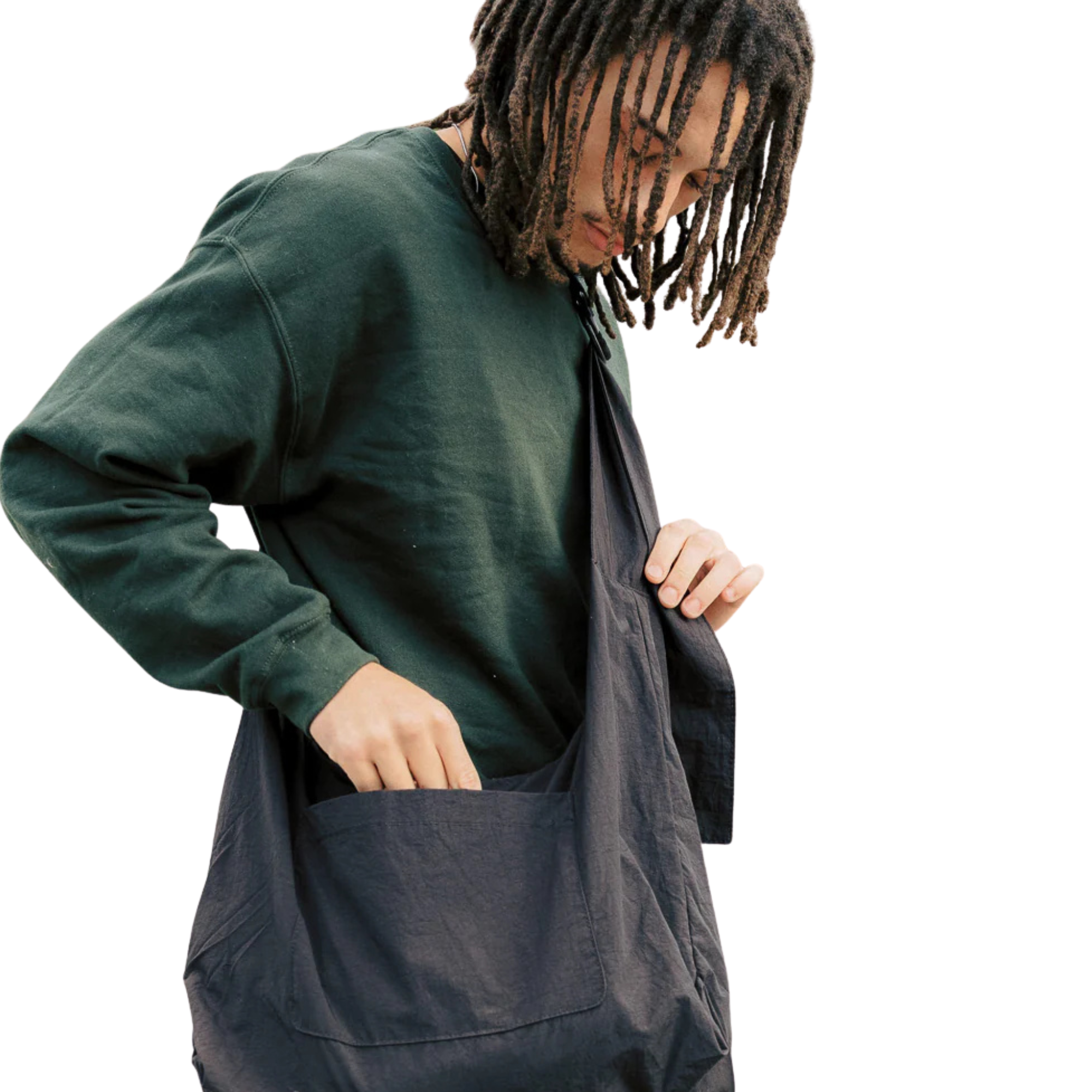 Black thread slouchy shoulder bag with a strap on a white background