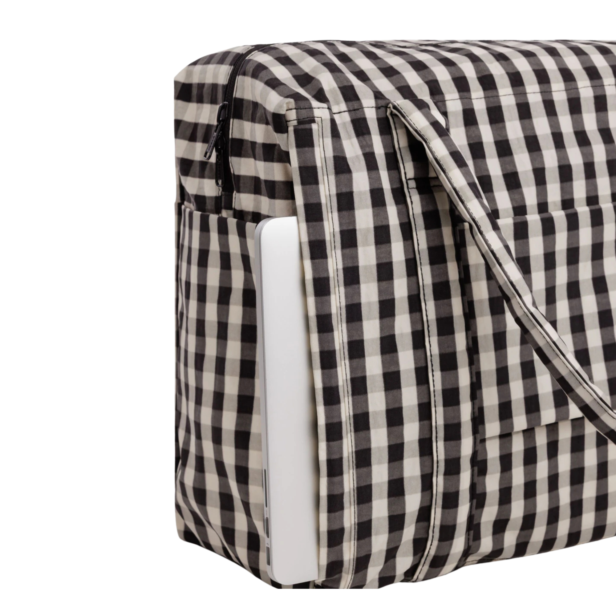 A black and white gingham checkered baggu cloud carry on tote bag with two shoulder straps, shown against a plain white background.