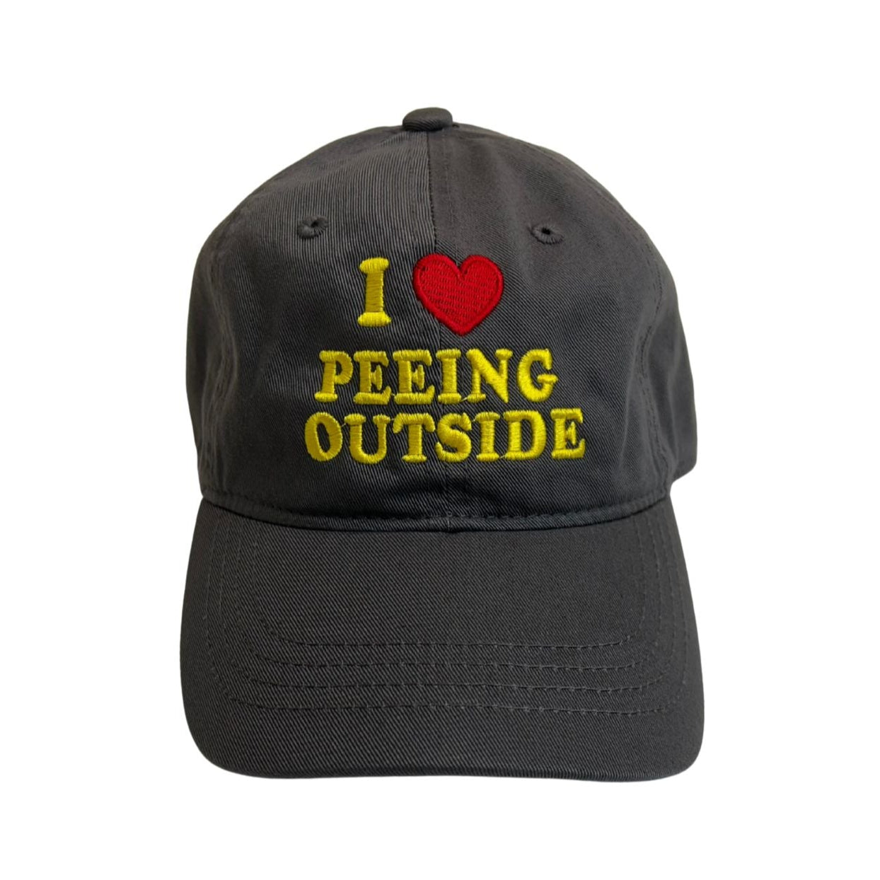 Black cap with 'I ❤️ Peeing Outside' text on a white background