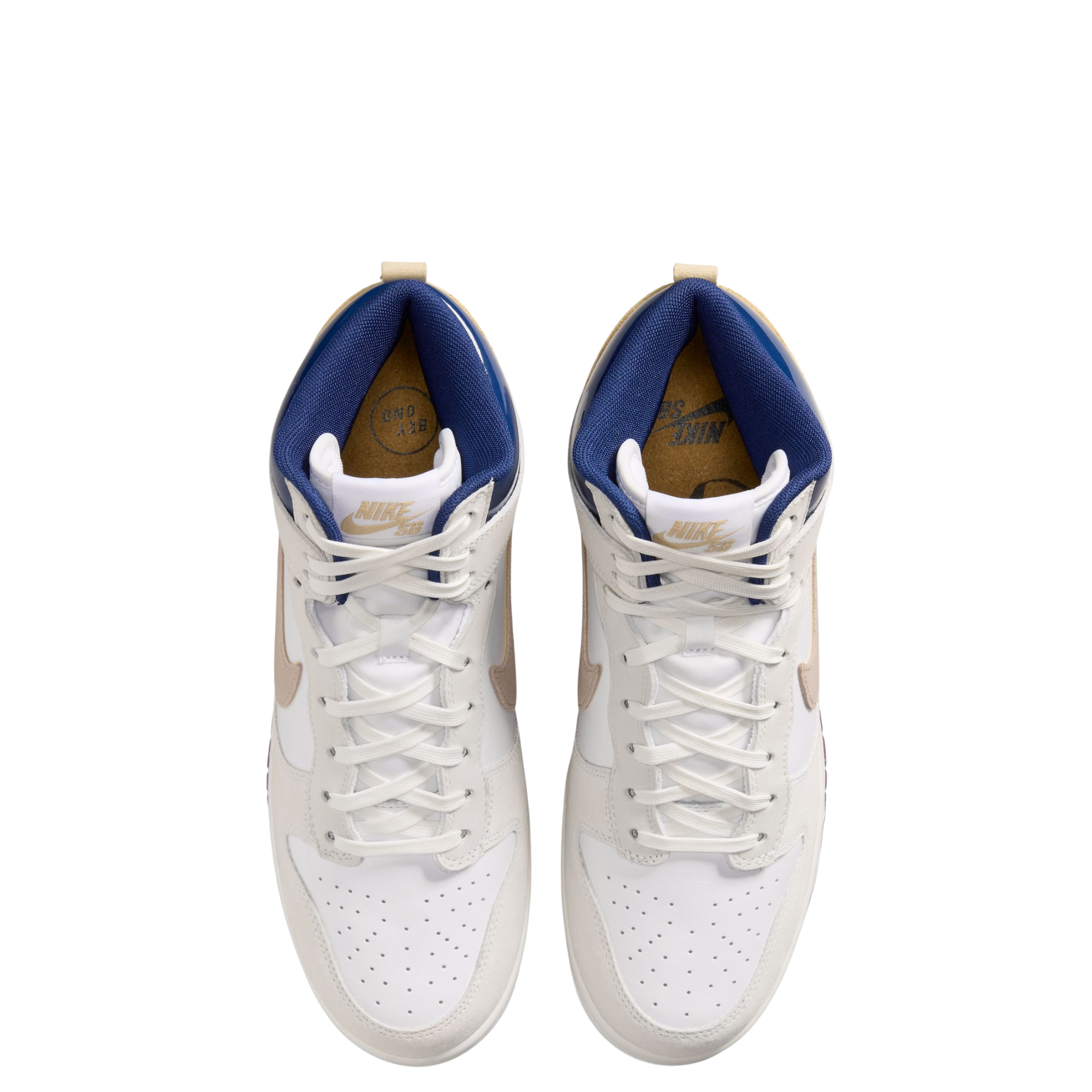 A pair of Nike SB X Beyond Skate Shop  dunk high sneakers shown from a top-down view. The shoes are primarily white with a blue collar lining, beige side accents, and white laces.
