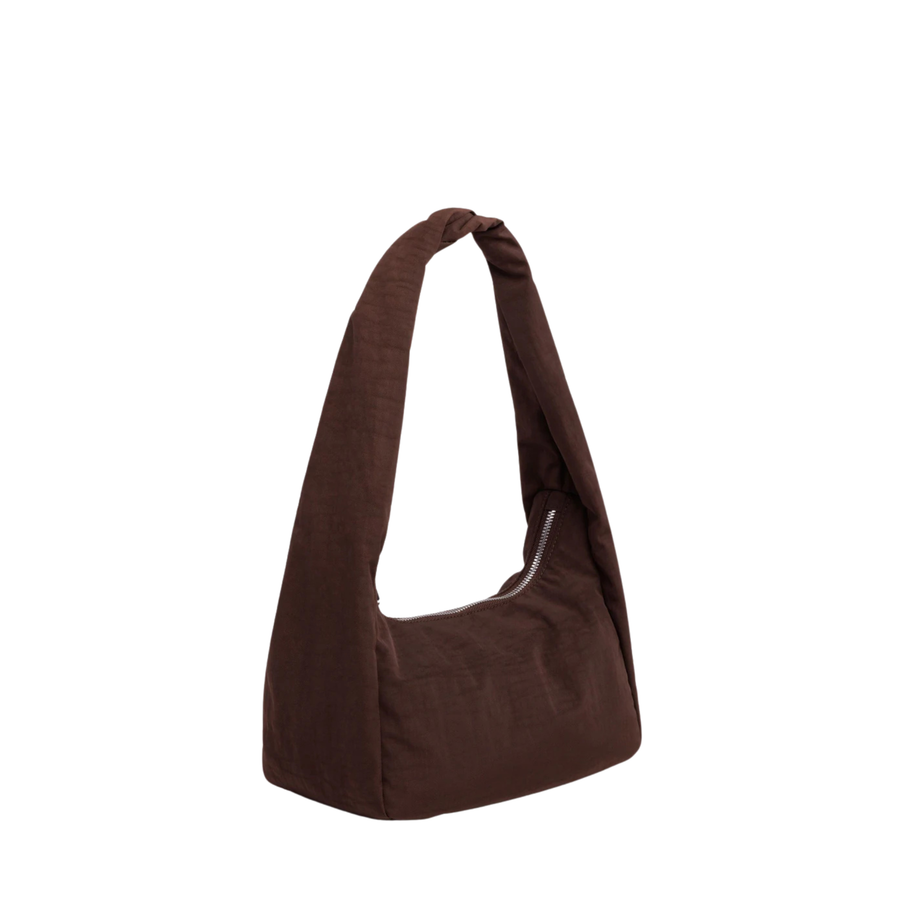 A dark brown slouchy baggu meringue shoulder bag with a single strap, shown against a plain white background.
