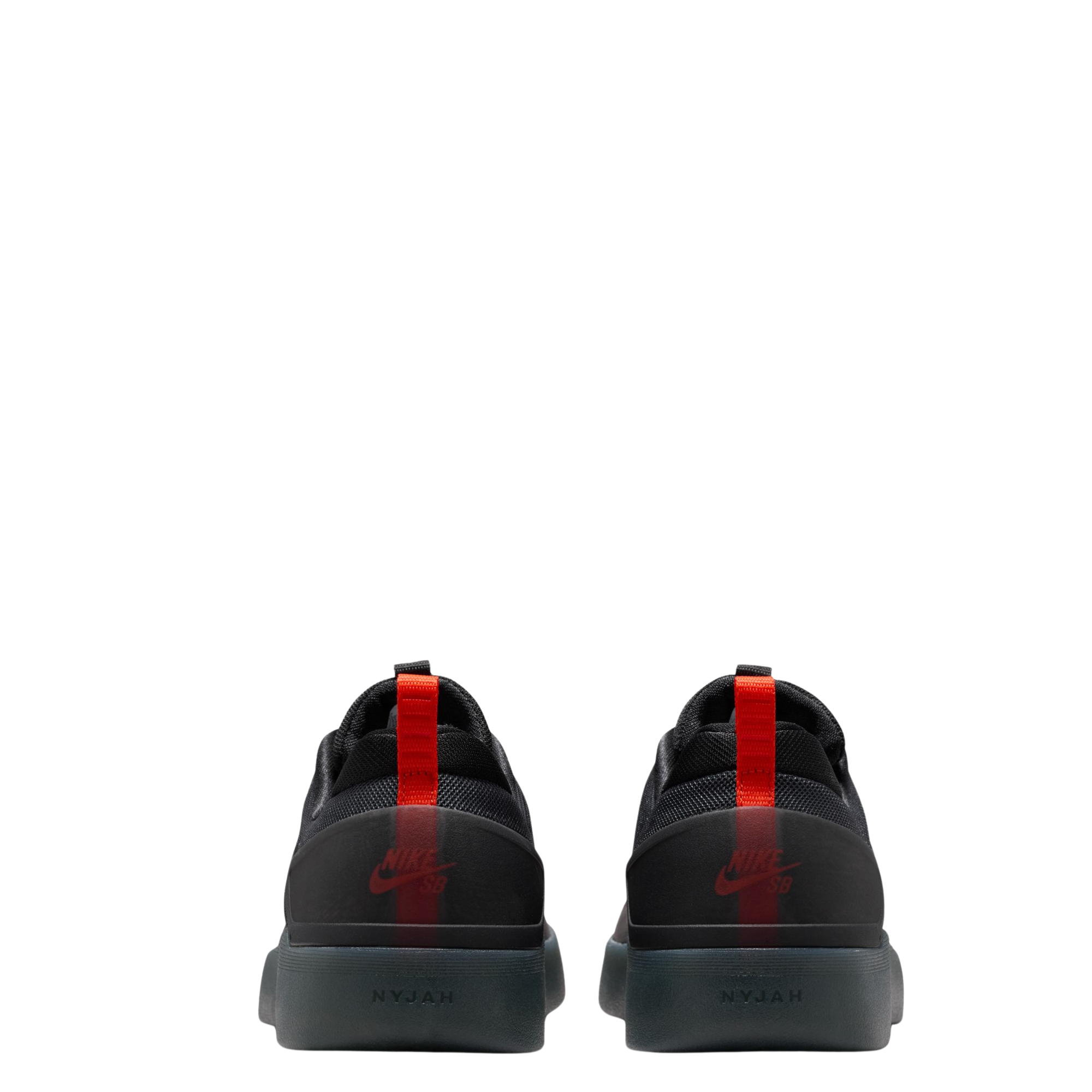 a pair of A pair of black Nike nyjah 4 skateboard sneakers from the back with a textured synthetic upper, black laces, a black sole, and a small red pull tab on the heel, shown from a side profile against a white background.