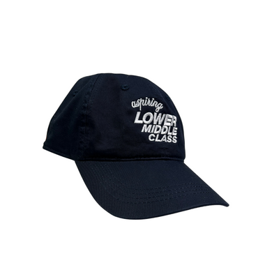 navy BLUE cap with white text reading aspiring lower middle class on a white background