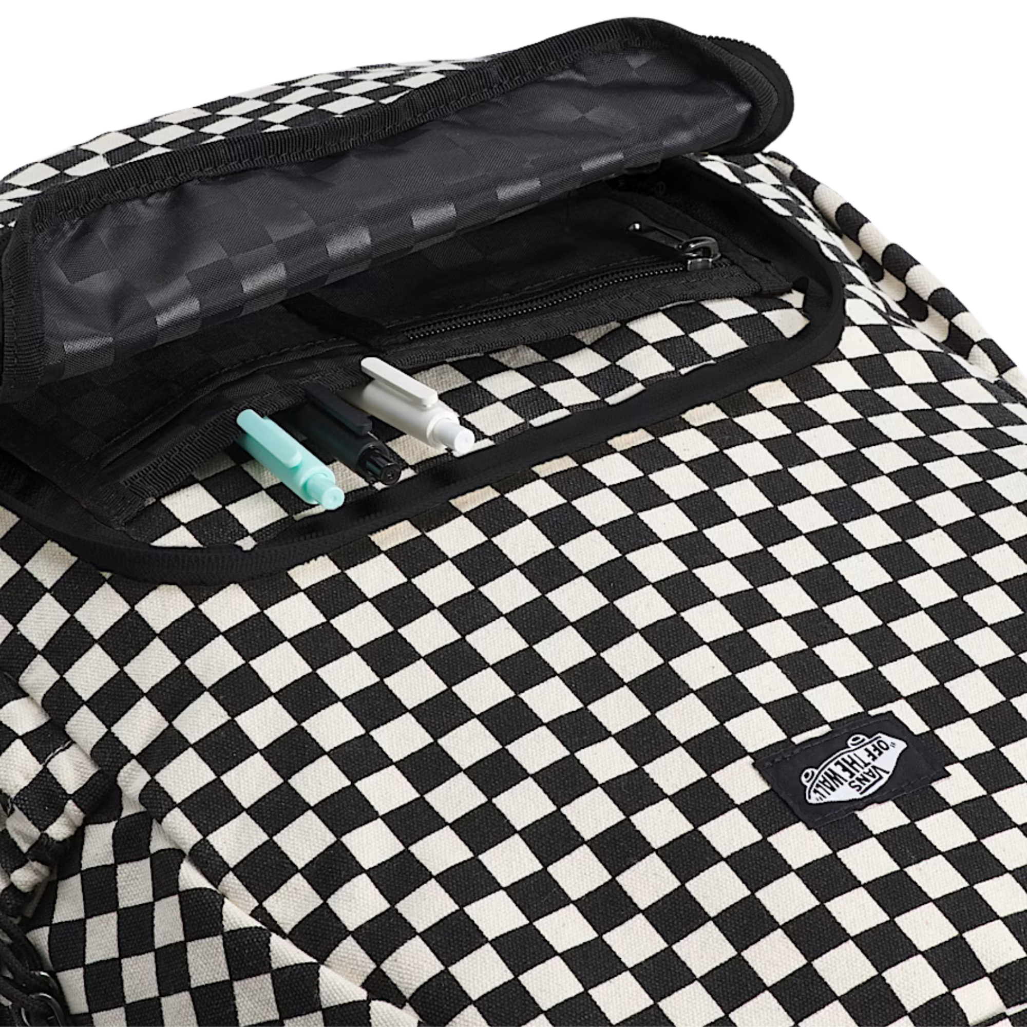 Black and white vans checkered new skool backpack on a white background