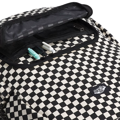 Black and white vans checkered new skool backpack on a white background