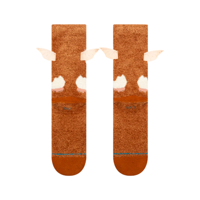A pair of plush stance gizmo crew socks featuring a gizmo from gremlins brown and white, shown against a plain white background.