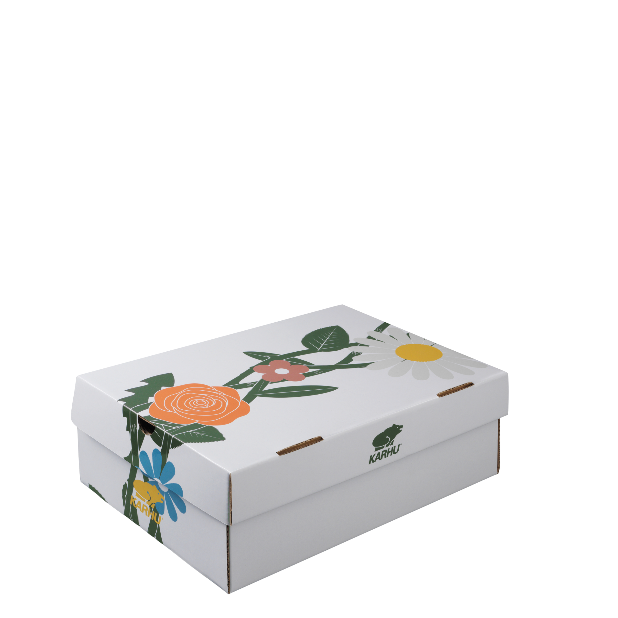White box with floral designs and 'KARHU' branding on a white background