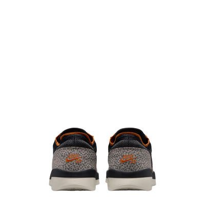 A pair of Nike SB PS8 skateboard sneaker in black, orange, and gray leopard print,  on a white background.
