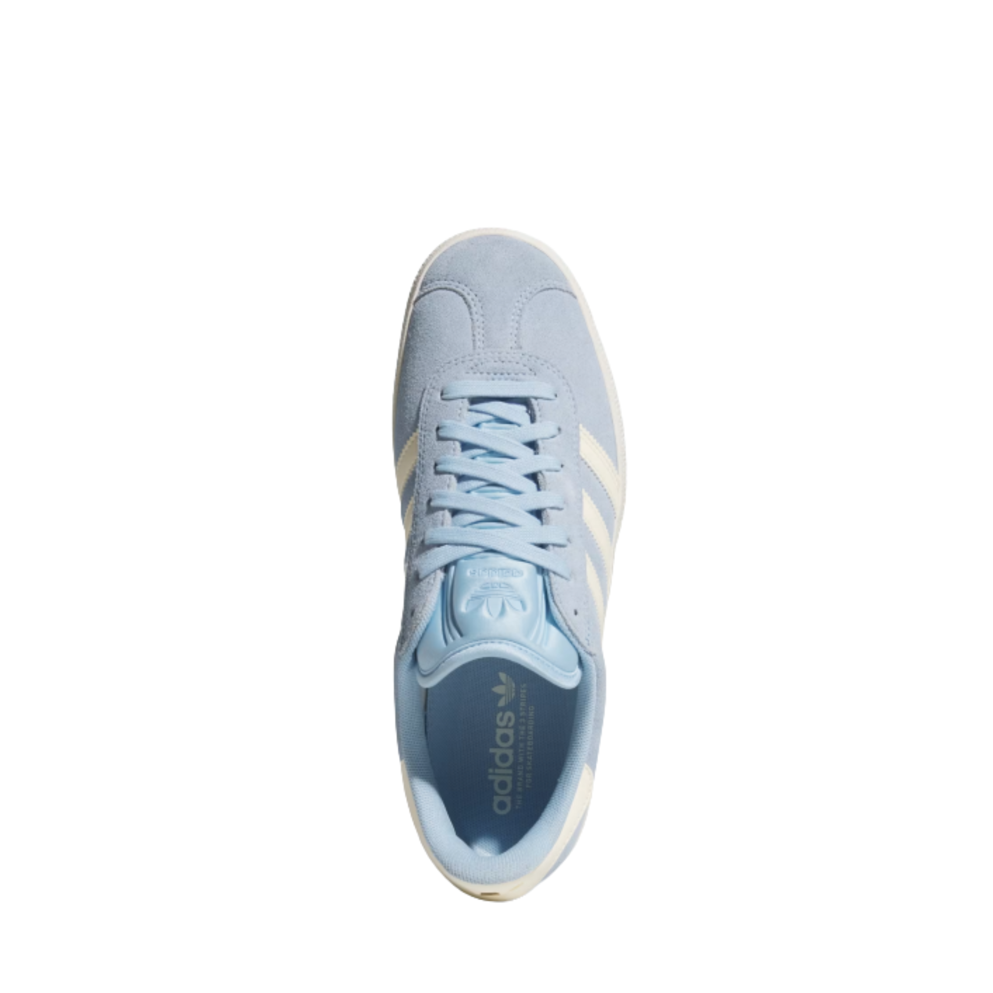 Light blue Adidas gazelle adv sneaker with white stripes on a white background