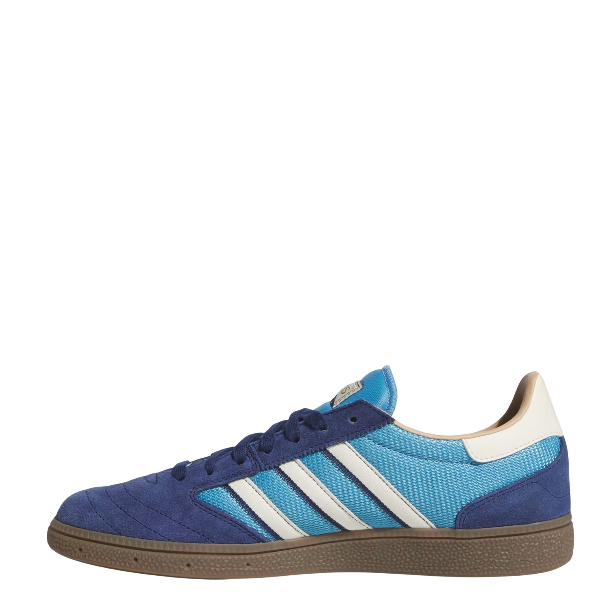 navy and bright blue adidas men's busenitz vintage skateboard shoes with white stripes and a gum sole on a white background