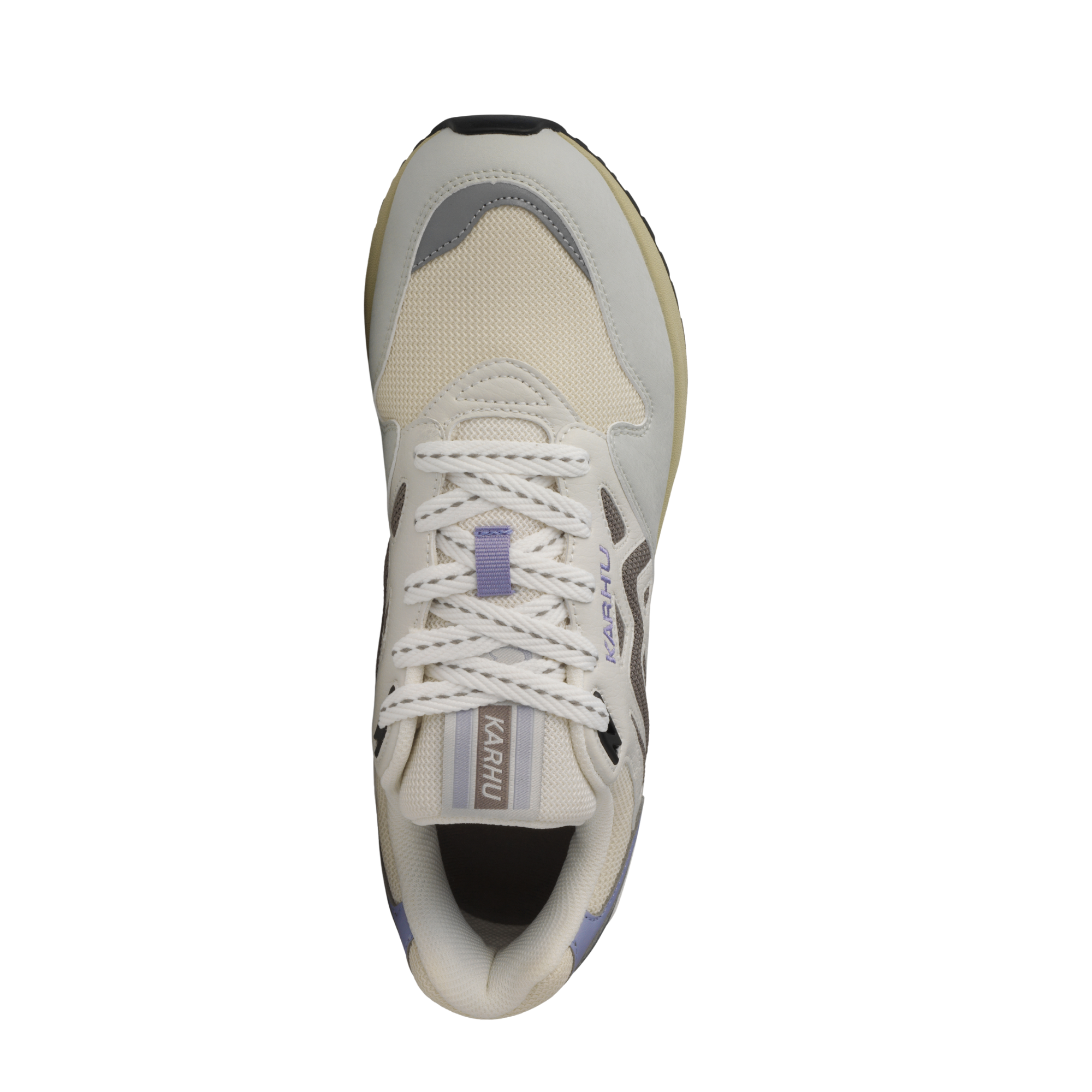 A low-top Legacy 96 sneaker by KARHU in light gray and off-white, featuring a lavender purple heel accent, dark gray side stripes, and a beige midsole.