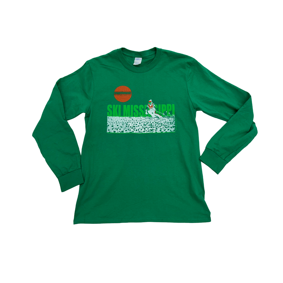 kelly Green long-sleeve shirt with ski mississippi graphic design on a white background