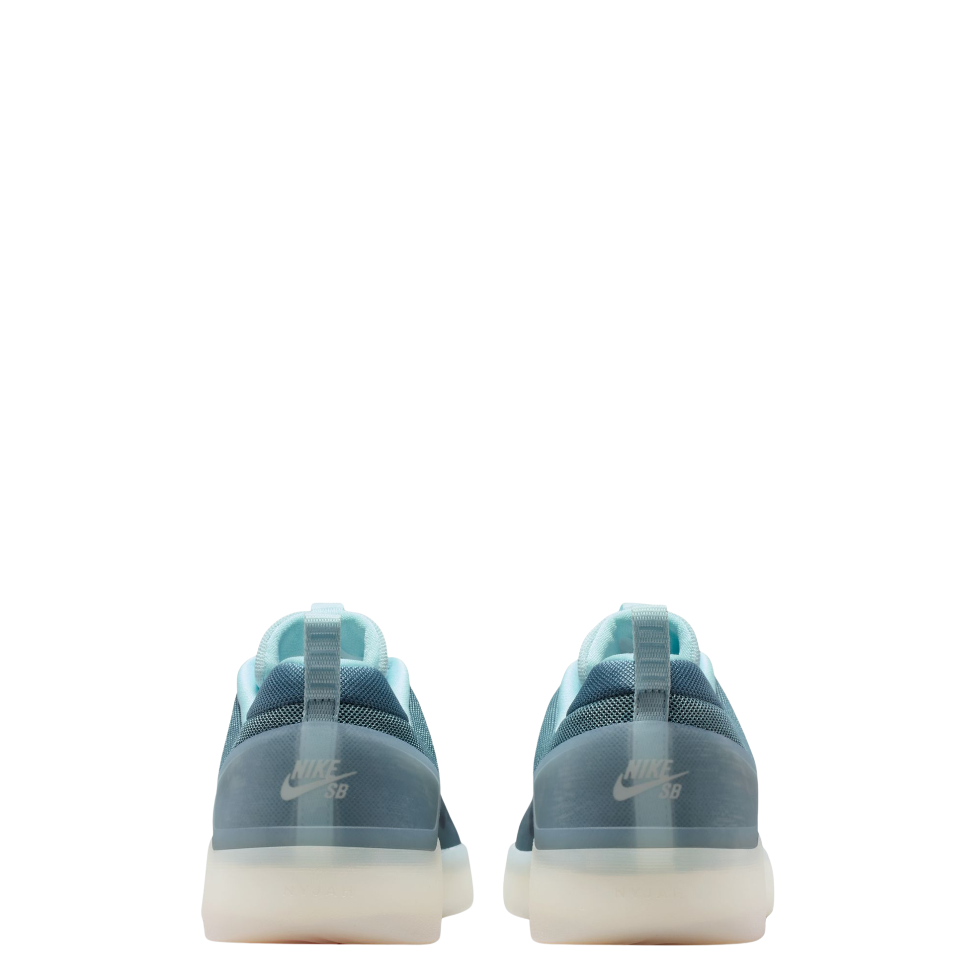 Blue nike sb zoom nyjah 4 skateboard sneaker with a white sole on a white background