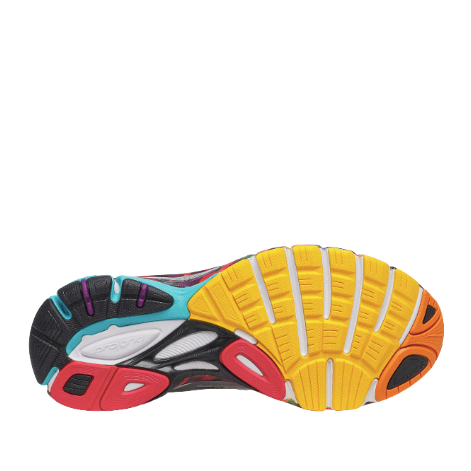 White saucony boston progrid guide 7 running shoe with colorful sole on a white background