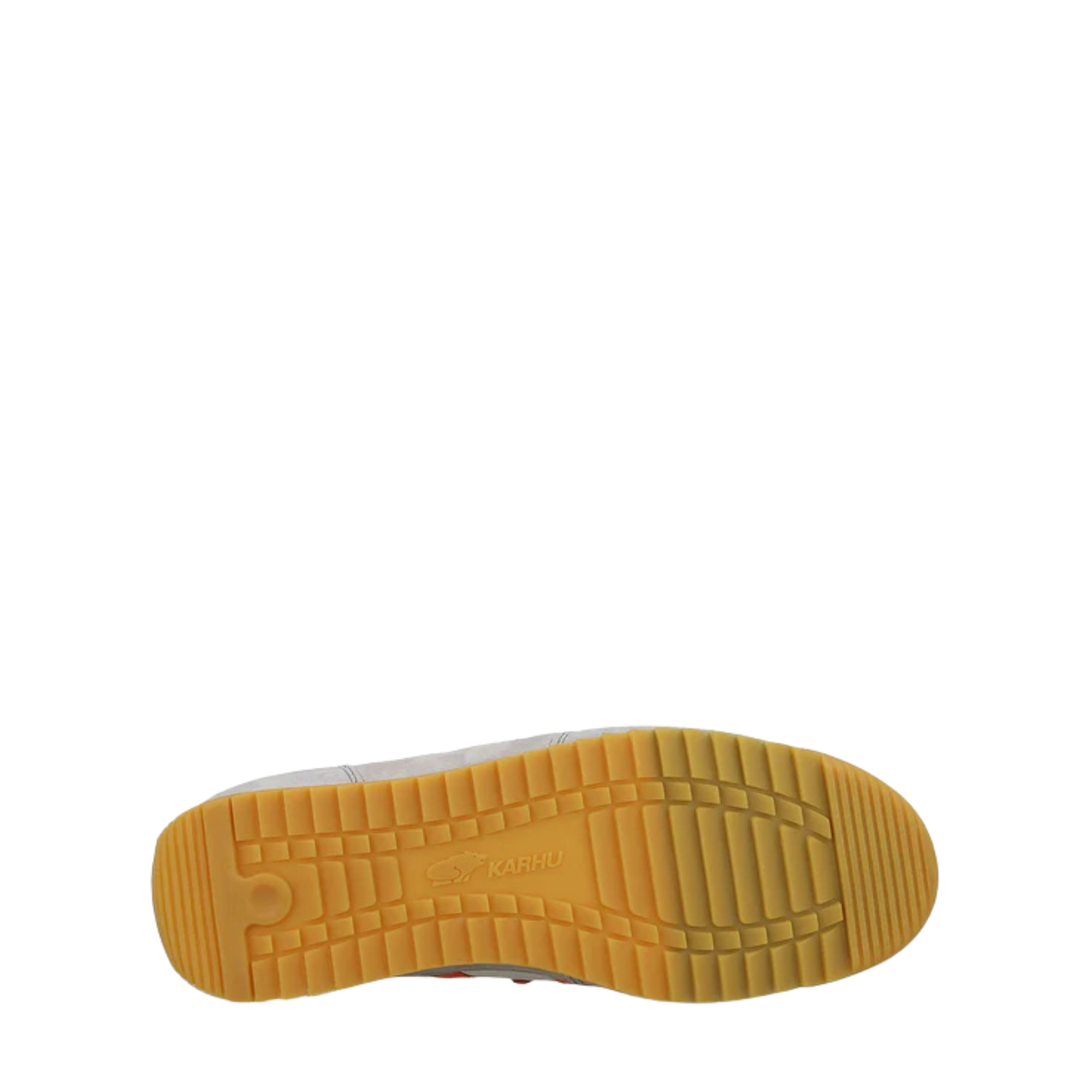 White karhu mestari 76 sneaker with orange 'M' logo on a white background