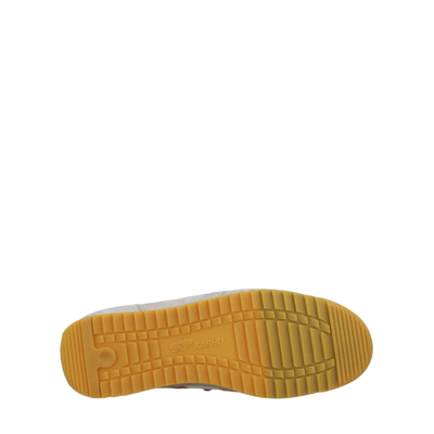 White karhu mestari 76 sneaker with orange 'M' logo on a white background