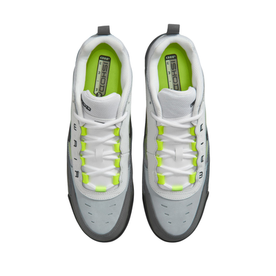Gray and black nike sb air max ishod wair sneaker with neon green accents on a white background
