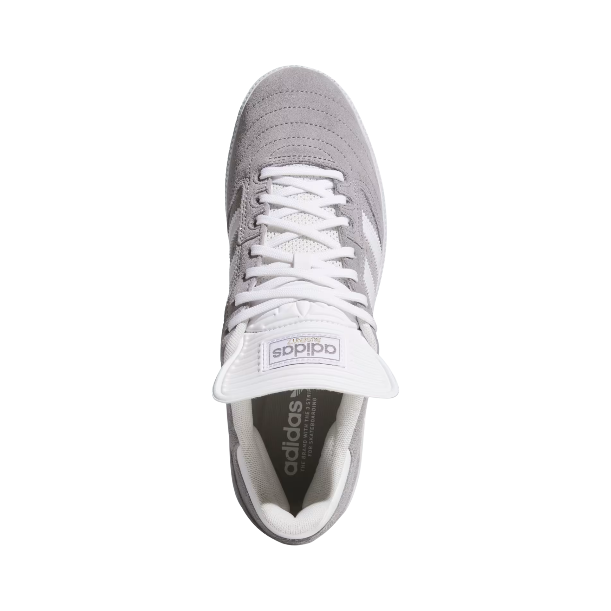 Gray Adidas busenitz skateboard sneaker with white stripes on a white background