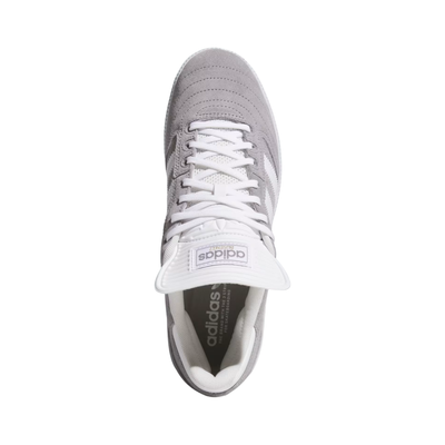 Gray Adidas busenitz skateboard sneaker with white stripes on a white background