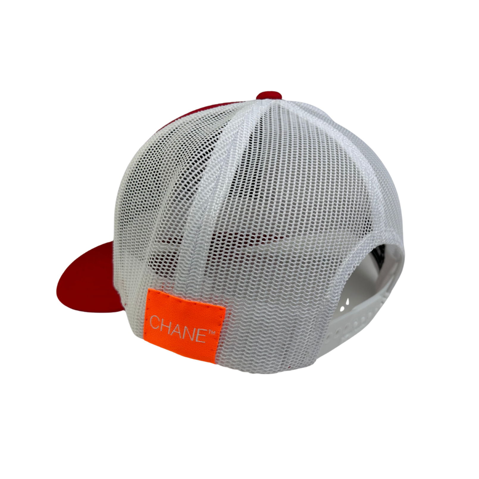 Trucker cap with red brim and orange logo on a white background