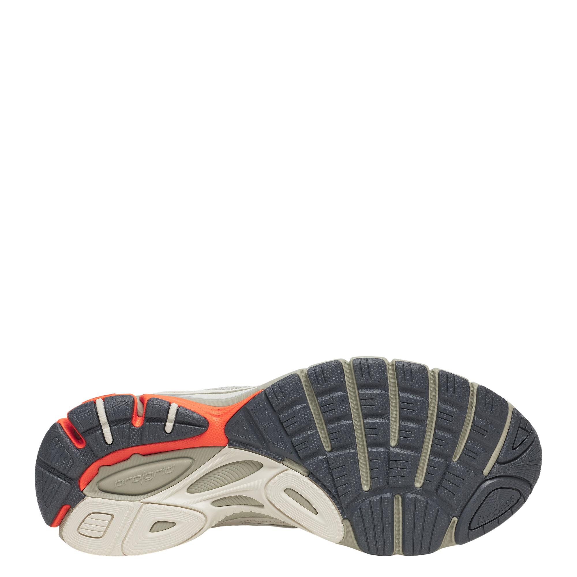 Gray tan saucony progrid guide 7 running shoe with orange sole on a white background