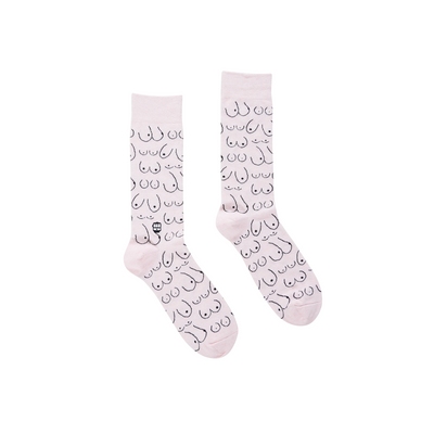 Pair of pink bonfolk boob socks on a white background
