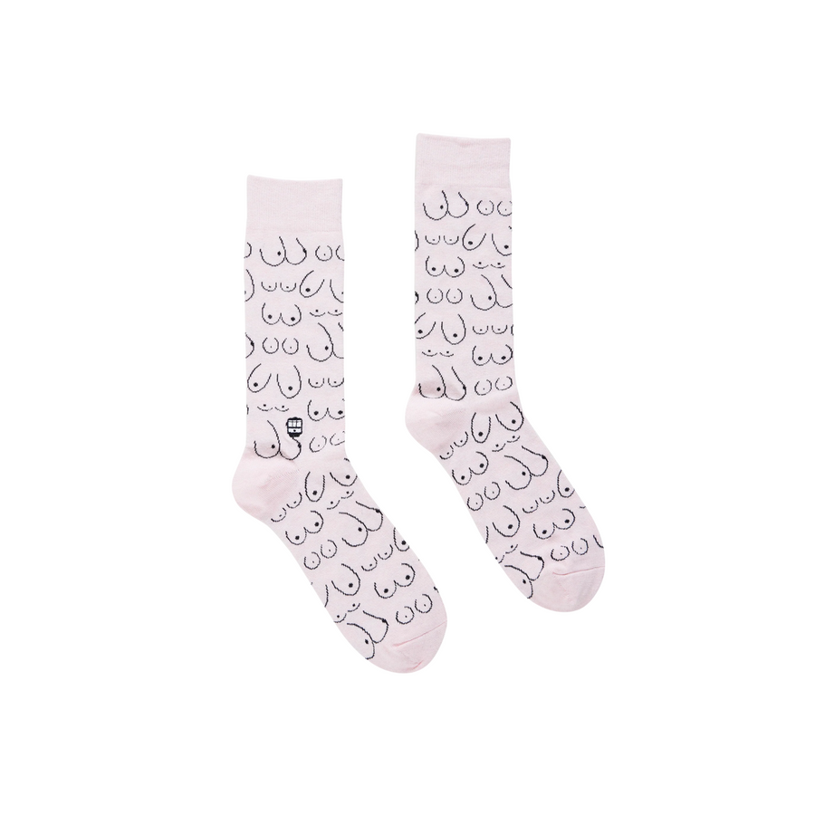 Pair of pink bonfolk boob socks on a white background