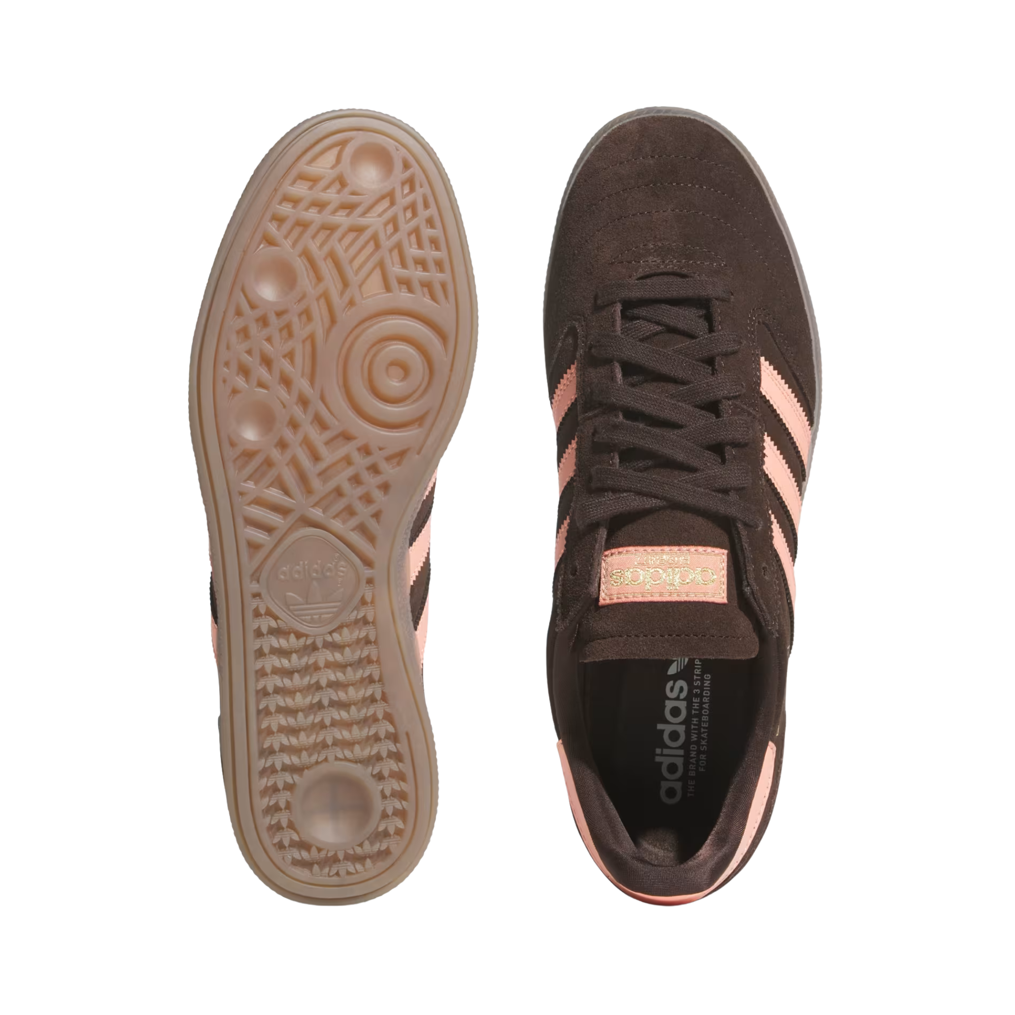 Brown Adidas busentiz adv skate sneaker with pink accents on a white background