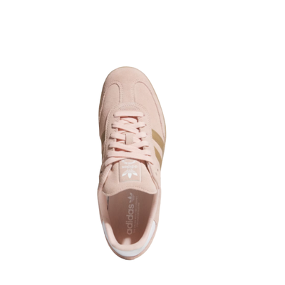 Pink Adidas samba adv sneaker with white stripes on a white background
